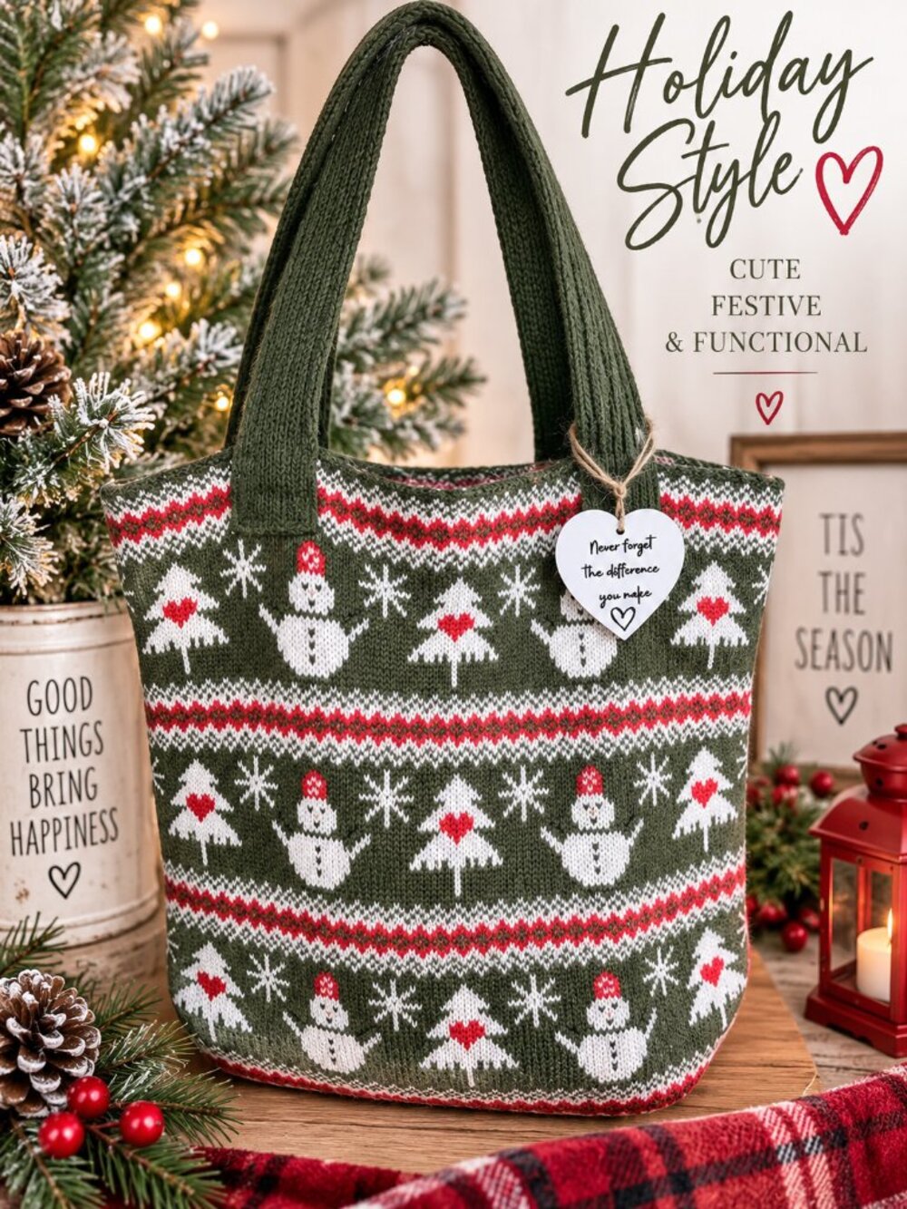 Green Christmas Snowman Knit Tote Bag Jacquard Holiday Snowmen